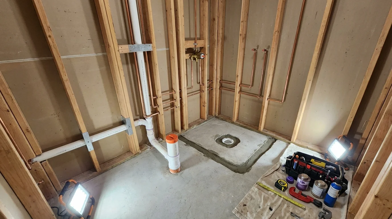 Bathroom rough-in plumbing during remodel by Johns Plumbing LLC in Marlboro