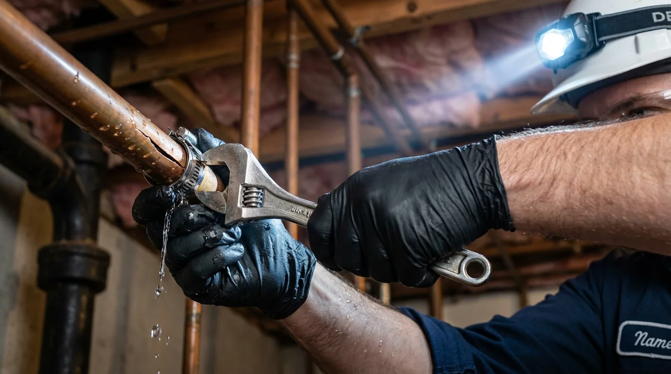 Emergency pipe clamp repair being performed by a Johns Plumbing LLC plumber in Marlboro