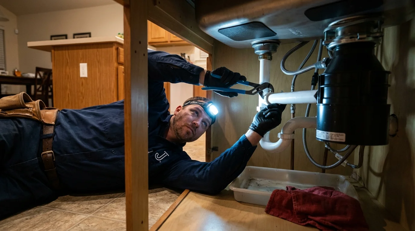 P-trap and supply line connections under a kitchen sink showing a common leak point in Marlboro, NY